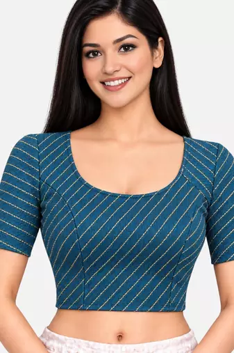 Teal blue cotton spandex golden woven zari design stretchable readymade saree blouse