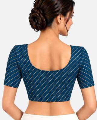 Teal blue cotton spandex golden woven zari design stretchable readymade saree blouse 2