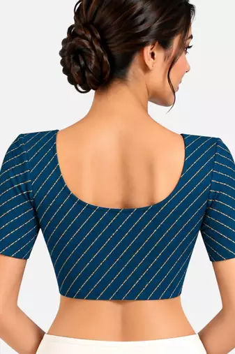 Teal blue cotton spandex golden woven zari design stretchable readymade saree blouse