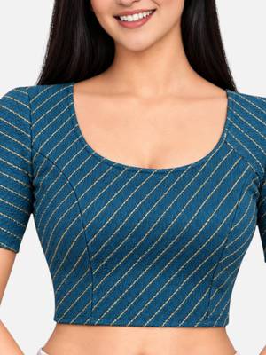 Teal blue cotton spandex golden woven zari design stretchable readymade saree blouse 4