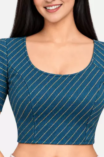 Teal blue cotton spandex golden woven zari design stretchable readymade saree blouse