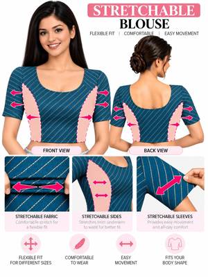 Teal blue cotton spandex golden woven zari design stretchable readymade saree blouse 5