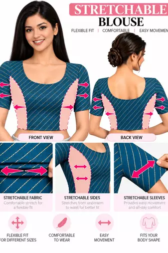 Teal blue cotton spandex golden woven zari design stretchable readymade saree blouse