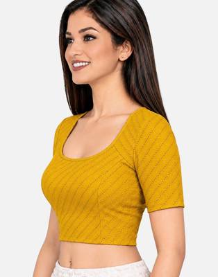 Mango cotton spandex golden woven zari design stretchable readymade saree blouse 3