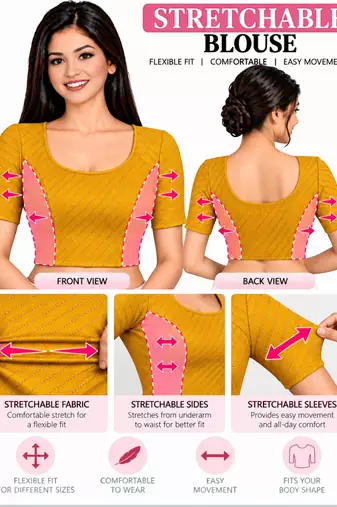 Mango cotton spandex golden woven zari design stretchable readymade saree blouse