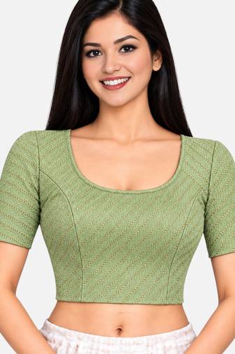 Pista green cotton spandex golden woven zari design stretchable readymade saree blouse