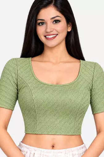Pista green cotton spandex golden woven zari design stretchable readymade saree blouse