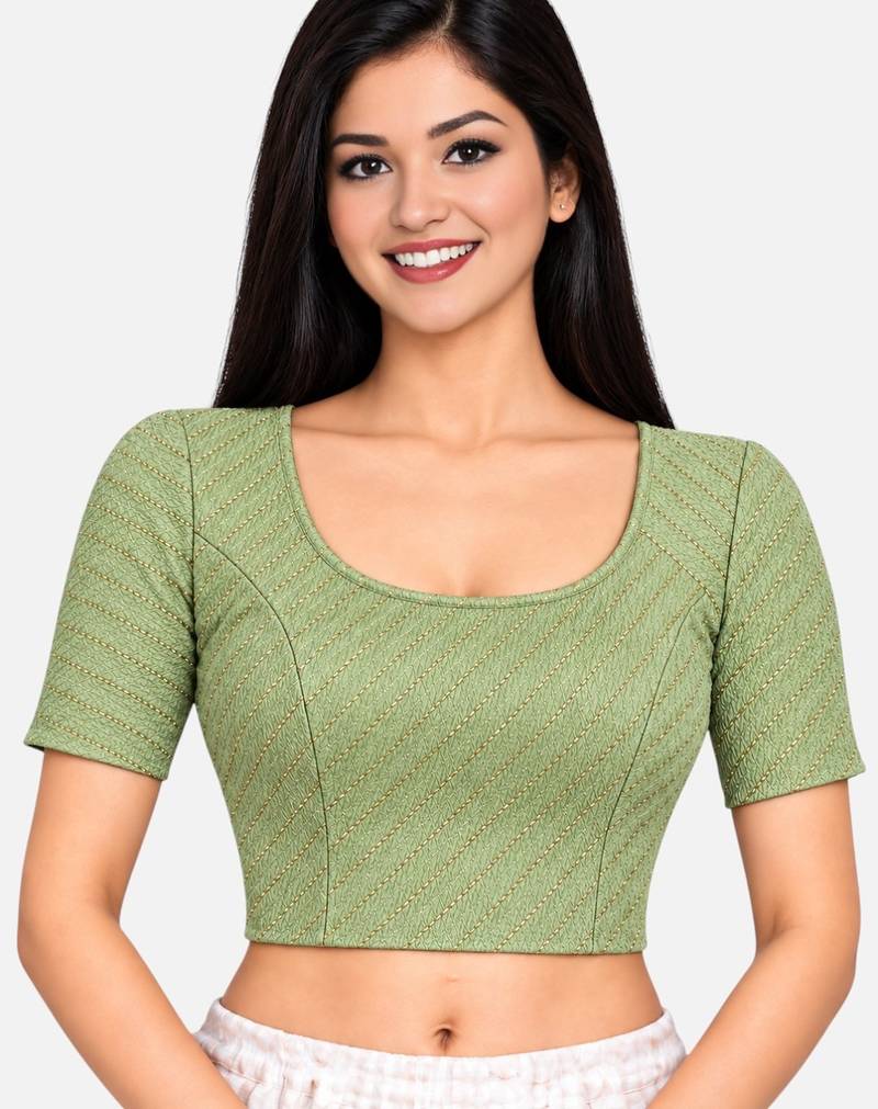 Pista green cotton spandex golden woven zari design stretchable readymade saree blouse