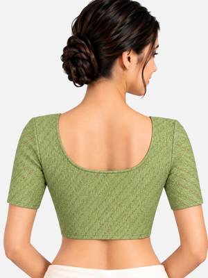 Pista green cotton spandex golden woven zari design stretchable readymade saree blouse 2