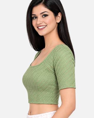 Pista green cotton spandex golden woven zari design stretchable readymade saree blouse 3