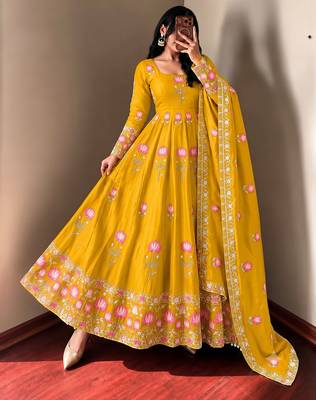 Women yellow embroidered anarkali kurta with pant & dupatta set 2