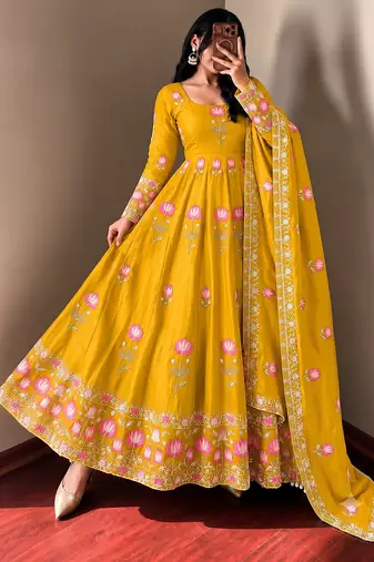 Women yellow embroidered anarkali kurta with pant & dupatta set