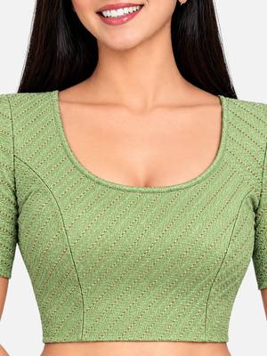 Pista green cotton spandex golden woven zari design stretchable readymade saree blouse 4
