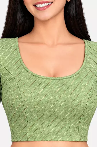 Pista green cotton spandex golden woven zari design stretchable readymade saree blouse