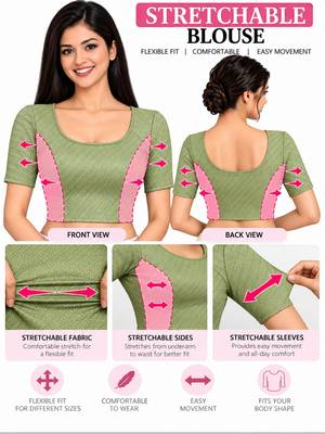 Pista green cotton spandex golden woven zari design stretchable readymade saree blouse 5