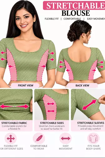 Pista green cotton spandex golden woven zari design stretchable readymade saree blouse