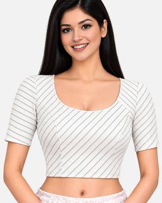 White cotton spandex silver woven zari design stretchable readymade saree blouse 1