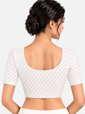 White cotton spandex silver woven zari design stretchable readymade saree blouse 2