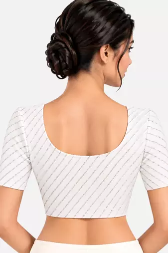 White cotton spandex silver woven zari design stretchable readymade saree blouse