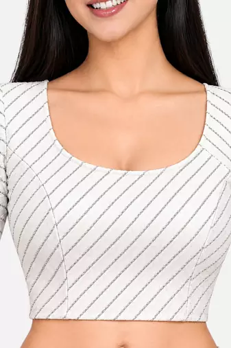 White cotton spandex silver woven zari design stretchable readymade saree blouse
