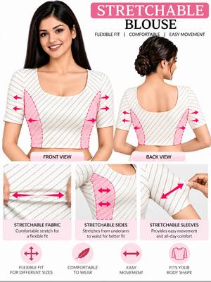 White cotton spandex silver woven zari design stretchable readymade saree blouse 5