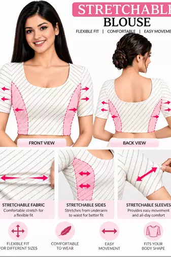 White cotton spandex silver woven zari design stretchable readymade saree blouse