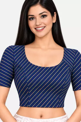 Navy blue cotton spandex golden woven zari design stretchable readymade saree blouse