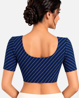 Navy blue cotton spandex golden woven zari design stretchable readymade saree blouse 2