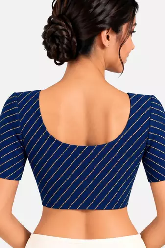 Navy blue cotton spandex golden woven zari design stretchable readymade saree blouse