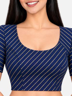 Navy blue cotton spandex golden woven zari design stretchable readymade saree blouse 4