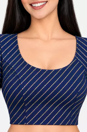 Navy blue cotton spandex golden woven zari design stretchable readymade saree blouse