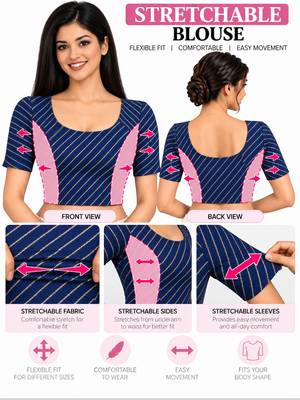 Navy blue cotton spandex golden woven zari design stretchable readymade saree blouse 5