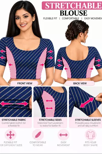 Navy blue cotton spandex golden woven zari design stretchable readymade saree blouse