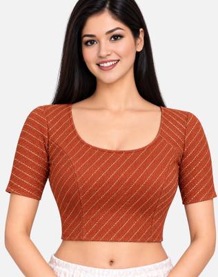 Rust cotton spandex golden woven zari design stretchable readymade saree blouse 1