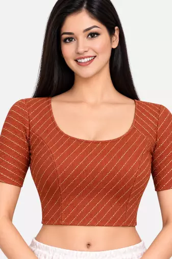 Rust cotton spandex golden woven zari design stretchable readymade saree blouse