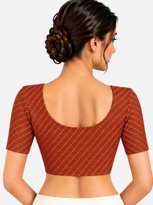 Rust cotton spandex golden woven zari design stretchable readymade saree blouse 2