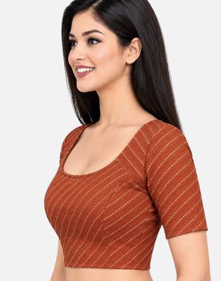 Rust cotton spandex golden woven zari design stretchable readymade saree blouse 3