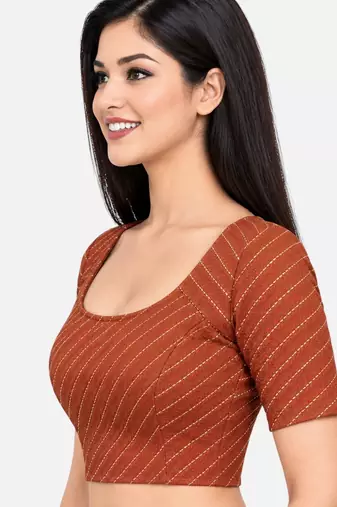 Rust cotton spandex golden woven zari design stretchable readymade saree blouse