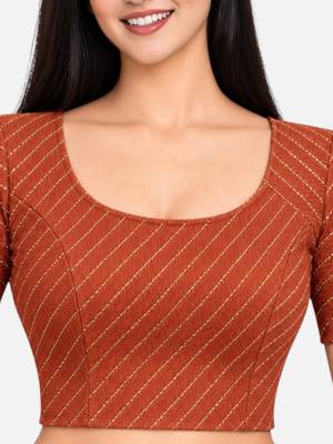 Rust cotton spandex golden woven zari design stretchable readymade saree blouse 4