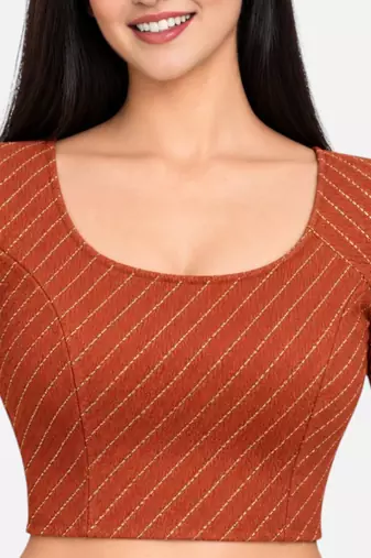 Rust cotton spandex golden woven zari design stretchable readymade saree blouse
