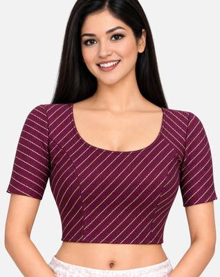 Wine cotton spandex golden woven zari design stretchable readymade saree blouse 1