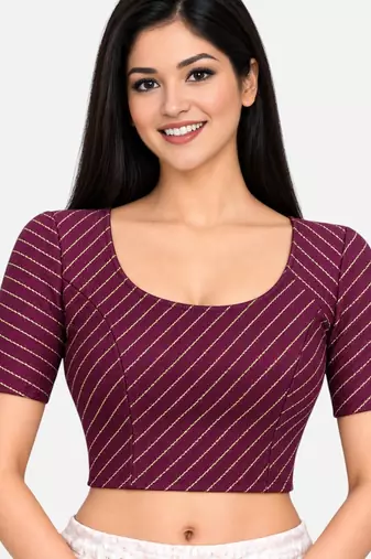 Wine cotton spandex golden woven zari design stretchable readymade saree blouse