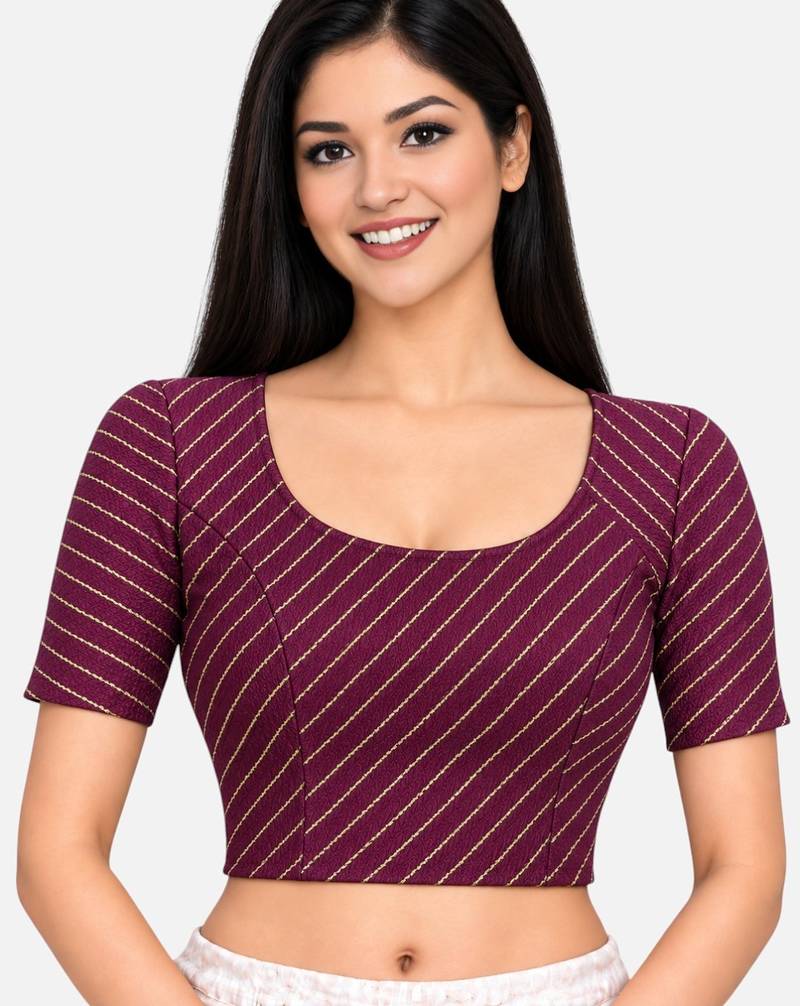 Wine cotton spandex golden woven zari design stretchable readymade saree blouse
