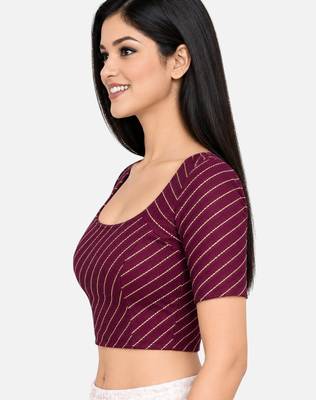 Wine cotton spandex golden woven zari design stretchable readymade saree blouse 3