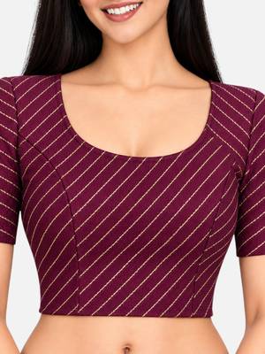 Wine cotton spandex golden woven zari design stretchable readymade saree blouse 4