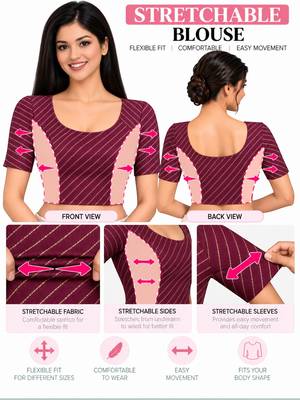Wine cotton spandex golden woven zari design stretchable readymade saree blouse 5