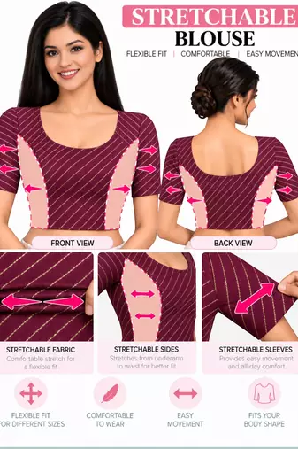 Wine cotton spandex golden woven zari design stretchable readymade saree blouse