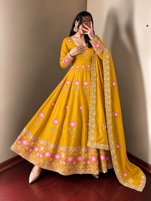 Women yellow embroidered anarkali kurta with pant & dupatta set 3