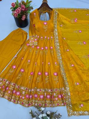Women yellow embroidered anarkali kurta with pant & dupatta set 4