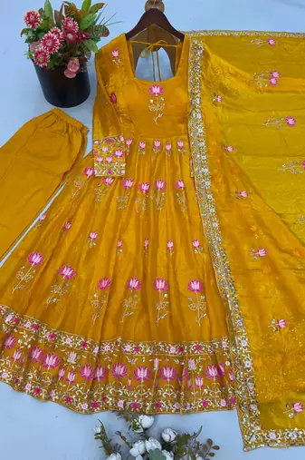 Women yellow embroidered anarkali kurta with pant & dupatta set